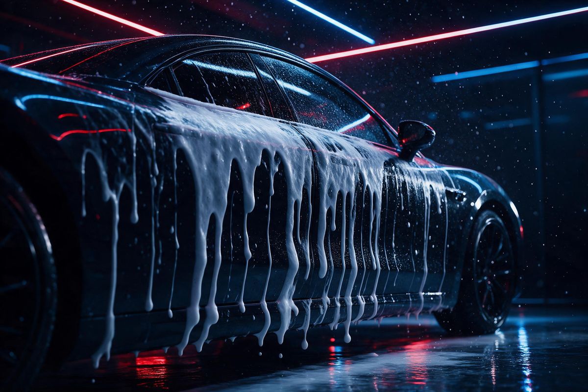 Espuma densa escorrendo por um carro escuro durante lavagem técnica (imagem ilustrativa)